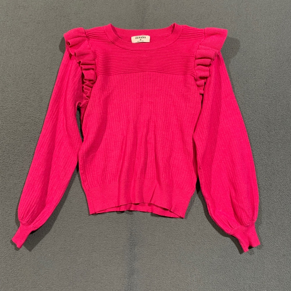 Zenana Ruffle Shoulder Sweater Women Medium Pink Ribbed Knit TW-2317Y Barbiecore